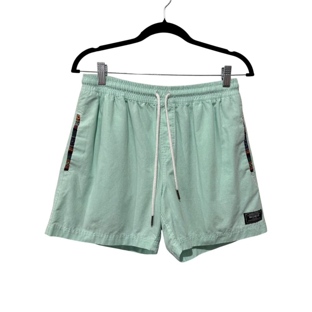WOWIE Shorts Sz M Aztec Trim Pockets Drawstring Elastic Waist 5" Inseam Teal